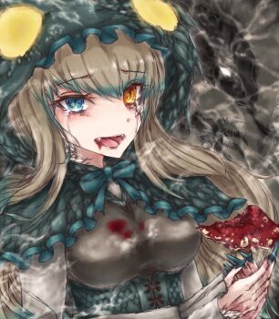 10s animal blood commentary_request fangs fingernails heterochromia highres hood kemono_friends komodo_dragon komodo_dragon_(kemono_friends) kyuumoto_kuku long_fingernails mushroom scales slit_pupils tears