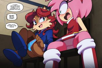 2girls amy_rose blue_eyes euf-dreamer green_eyes highres multiple_girls panties panty_pull pussy sally_acorn sitting sonic_(series) underwear upskirt