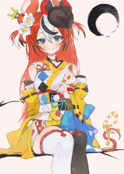 Rule 34 | 1girl, absurdres, animal ear fluff, animal ears, asymmetrical legwear, black hair, blue eyes, blue ribbon, blush, branch, breasts, brush stroke, calligraphy, chocosong, commentary, detached sleeves, double-parted bangs, floral print, flower, hair between eyes, hair bun, hair flower, hair ornament, hairpin, hakos baelz, hakos baelz (new year), highres, hololive, hololive english, japanese clothes, kimono, light smile, long hair, mask, mimikaki, moon, mouse ears, mouse tail, multicolored hair, multicolored kimono, obi, print kimono, red hair, red ribbon, ribbon, sash, sitting, sweat, tail, tail ornament, tail ribbon, thighhighs, thighs, virtual youtuber, white background, white hair, yellow ribbon, zettai ryouiki