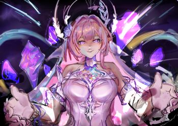 1girl bare_shoulders breasts bridal_veil commentary crystal_shards cyrene_(honkai:_star_rail) cyrene_(ripples_of_past_reverie)_(honkai:_star_rail) diamond-shaped_pupils diamond_(shape) dress earrings elredtrashpanda english_commentary flower hair_flower hair_ornament halo highres honkai:_star_rail honkai_(series) jewelry large_breasts long_hair pink_hair pointy_ears purple_eyes solo symbol-shaped_pupils veil very_long_hair white_dress