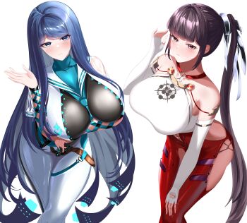 2girls absurdly_long_hair absurdres alternate_breast_size_(larger) aqua_sailor_collar arm_ribbon arm_under_breasts black_hair blue_eyes blue_hair bodysuit breasts crossover elbow_gloves eve_(neurolink_suit)_(nikke) eve_(stellar_blade) fingerless_gloves gloves goddess_of_victory:_nikke highres huge_breasts impossible_bodysuit impossible_clothes long_hair multiple_girls official_alternate_costume open_hand ponytail raven_(planet_diving_suit_(6th)_v2)_(nikke) raven_(stellar_blade) ribbon sailor_collar see-through_clothes see-through_sleeves shift_up solo stellar_blade very_long_hair white_background wilhelmina_bd2