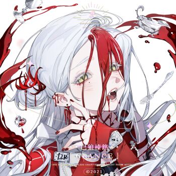 1girl blood blood_from_mouth blood_on_face blush colored_eyelashes commission earrings eyelashes fang fingernails green_eyes hair_between_eyes hair_ornament hands_on_own_neck heart highres jewelry juzi_doubanjiang long_hair looking_at_viewer mihuashi_commission mole mole_under_eye multicolored_hair nail_polish open_mouth original solo square teeth tongue two-tone_hair upper_body watermark white_background white_eyelashes white_hair