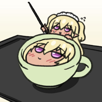 1girl alternate_costume blonde_hair chibi clooliss commentary_request cup dark-skinned_female dark_elf dark_elven_forest_ranger dark_skin elf flying_sweatdrops korean_commentary last_origin maid maid_headdress mini_person minigirl pointy_ears purple_eyes simple_background smile solo stick tray triangle_mouth two_side_up