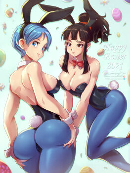 2021 2girls animal_ears ass ass_grab bare_shoulders black_hair black_leotard blue_eyes blue_hair blue_pantyhose bow bowtie breasts bulma chi-chi_(dragon_ball) cleavage detached_collar dragon_ball dragon_ball_super earrings easter_egg egg fake_animal_ears fake_tail female_focus hairband happy_easter high_ponytail highres huge_ass jammeryx jewelry leotard looking_back matching_hair/eyes matching_outfits multiple_girls nail_polish naughty_face nipples pantyhose patreon_logo patreon_username playboy_bunny ponytail rabbit_ears rabbit_tail red_bow red_bowtie short_hair strapless strapless_leotard tail thick_thighs thighs thong thong_leotard twitter_logo twitter_username watermark web_address wrist_cuffs