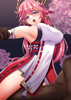 1girl 2boys animal_ears armpits breasts commentary_request defeat detached_sleeves earrings fox_ears fox_girl gangbang genshin_impact group_sex hexelica implied_sex jewelry large_breasts long_hair multiple_boys open_mouth pink_hair purple_eyes rape yae_miko