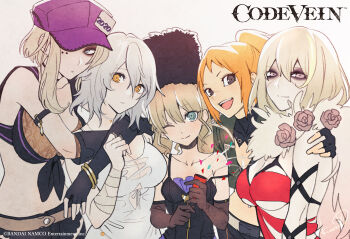 2020 5girls aqua_eyes armlet bandai_namco black_dress black_eyes black_eyeshadow black_gloves black_hat black_shorts blonde_hair breasts cleavage closed_mouth coco_(code_vein) code_vein commentary_request copyright_name copyright_notice dress elbow_gloves eva_roux eyeshadow feather_boa fingerless_gloves flower fur_hat gloves grey_eyes hat highres hug hug_from_behind io_(code_vein) jewelry kurumi_kobayashi large_breasts long_hair looking_at_viewer makeup mia_karnstein multiple_girls murasame_rin_(code_vein) new_year official_art one_eye_closed open_mouth orange_eyes orange_hair papakha ponytail purple_hat red_dress rose scar scar_on_face second-party_source short_hair shorts sidelocks simple_background smile sports_bra strap_slip teeth torn_clothes torn_dress upper_body upper_teeth_only white_background white_dress white_hair wrist_wrap