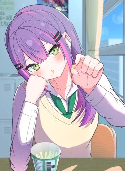 1girl collarbone commentary_request demon_girl dot_nose food_in_mouth green_eyes hair_between_eyes hair_ornament highres hololive incoming_food indoors long_sleeves looking_at_viewer multicolored_hair pink_hair pov purple_hair school_uniform sky tokoyami_towa tsuma_sakura virtual_youtuber window