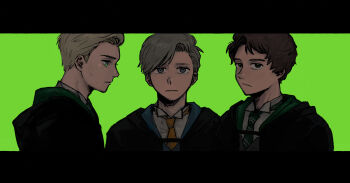 3boys blonde_hair brown_hair closed_mouth coat commentary expressionless freckles green_background green_eyes harry_potter_(series) highres letterboxed male_focus mole multiple_boys necktie ominis_gaunt protagonist_(hogwarts_legacy) ravenclaw school_uniform sebastian_sallow short_hair slytherin wizarding_world yoshio_(kimama)