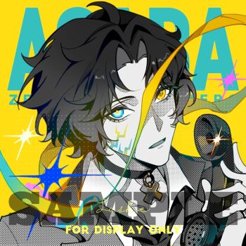 1boy alternate_costume asaba_harumasa black_hair black_necktie blue_eyes character_name choker collarbone commentary english_text grey_jacket heterochromia highres holding holding_phone jacket looking_at_viewer male_focus necktie open_mouth parted_bangs phone sample_watermark saskeboom shirt short_hair sick solo sparkle upper_body watermark white_shirt yellow_eyes zenless_zone_zero