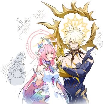 1girl 2boys absurdres bare_shoulders blonde_hair cracked_skin crossed_arms cyrene_(honkai:_star_rail) cyrene_(ripples_of_past_reverie)_(honkai:_star_rail) dress flower gold_blood hair_flower hair_ornament halo hashtag-only_commentary head_wings highres holding_halo honkai:_star_rail honkai_(series) long_hair multiple_boys phainon_(honkai:_star_rail) phainon_(khaslana)_(honkai:_star_rail) pink_hair simple_background smile sunday_(honkai:_star_rail) topless_male very_long_hair wfleow white_background white_dress wings