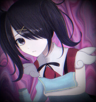 1girl abstract_background ame-chan_(needy_girl_overdose) artist_request black_hair black_neckwear blue_shirt blush chromatic_aberration film_grain frown hair_ornament hair_over_one_eye heavy_chromatic_aberration heavy_film_grain highres holding holding_shirt holding_unworn_clothes long_hair long_sleeves looking_at_viewer neck_ribbon needy_girl_overdose noise pillow purple_background purple_eyes red_shirt ribbon shirt sleeveless sleeveless_shirt suspenders twintails unworn_shirt x_hair_ornament