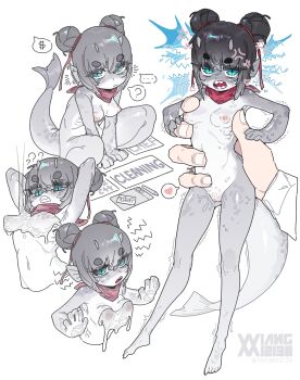 1girl ? ?? absurdres all_fours anger_vein aqua_eyes armpits arms_up artist_name bandana bandana_around_neck barefoot black_hair breasts cleft_of_venus closed_mouth colored_skin commentary dollar_sign double_bun english_commentary fins fish fish_girl fish_tail full_body grey_skin hair_bun head_fins heart highres multicolored_skin navel nipples nude open_mouth original personification puffer_fish pussy red_bandana sharp_teeth short_eyebrows small_breasts squatting tail teeth trembling two-tone_skin wet xiangxiangbushixiang_12138