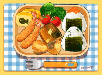 bento broccoli cherry_tomato commentary_request fish_(food) food food_focus fork gamorangetana highres ikura_(food) no_humans onigiri original rice shrimp shrimp_tempura tempura tomato vegetable