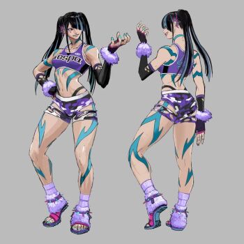1girl aespa black_hair body_markings breasts concept_art detached_sleeves fingerless_gloves full_body gloves grey_background han_juri long_hair medium_breasts model_sheet official_art one_eye_covered sandals shorts street_fighter street_fighter_6 twintails
