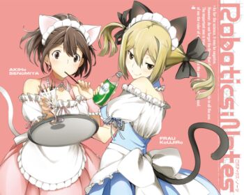 2girls alternate_costume animal_ears black_bow blonde_hair blue_dress bottle bow brown_eyes cat_ears cat_tail copyright_name dress eating enmaided food food_in_mouth frilled_dress frills fukuda_tomonori hair_between_eyes hair_bow holding holding_bottle holding_food holding_pocky holding_tray koujiro_frau maid multiple_girls multiple_hair_bows off_shoulder_dress official_art pink_dress pocky pocky_in_mouth robotics;notes science_adventure senomiya_akiho sidelocks skal tail tray twintails