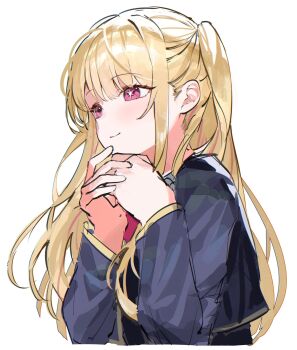 1girl black_jacket blonde_hair bow bowtie closed_mouth cropped_torso dodosaae hands_up highres hoshino_ruby jacket long_hair long_sleeves mismatched_pupils one_side_up oshi_no_ko pink_eyes red_bow red_bowtie simple_background smile solo white_background