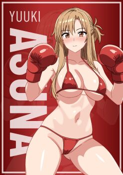 1girl asuna_(sao) bikini blonde_hair boxing boxing_gloves breasts brown_eyes cleavage highres large_breasts long_hair looking_at_viewer navel non-web_source red_bikini simple_background solo swimsuit sword_art_online