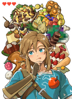 1boy absurdres apple belt belt_buckle berry blonde_hair blue_eyes blue_shirt bone buckle cake cake_slice censored censored_food fingerless_gloves food fruit gloves heart highres leather_belt licking_lips link meat mosaic_censoring mushroom nintendo onigiri pointy_ears pudding sea_urchin_(925994758) shirt skewer solo strawberry the_legend_of_zelda the_legend_of_zelda:_breath_of_the_wild tongue tongue_out vegetable white_background