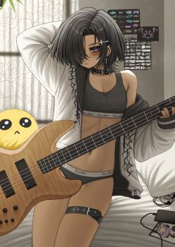 Rule 34 | 1girl, absurdres, bags under eyes, belt, belt collar, black collar, black hair, bra, breasts, cellphone, collar, commentary request, ear piercing, emoji, grey bra, grey panties, guitar, hair over one eye, highres, holding, holding guitar, holding instrument, instrument, jacket, lobsteranian, long sleeves, looking at viewer, mole, mole under eye, navel, original, panties, parted lips, phone, piercing, purple eyes, short hair, sitting, small breasts, smartphone, solo, spiked collar, spikes, thigh belt, thigh strap, underwear, white jacket