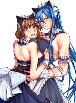 Rule 34 | 2girls, absurdres, bare back, breast press, breasts, commentary, duvalie, eiyuu densetsu, english commentary, high ponytail, highres, large breasts, laura s. arseid, long hair, moren eh, multiple girls, open mouth, parted lips, ponytail, sen no kiseki (series), smile, upper body