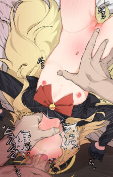 1boy 1girl absurdres arms_up black_gloves black_sailor_collar black_shirt blonde_hair blue_archive bottomless bow bowtie brooch censored clothes_lift commentary commentary_request cum cum_in_mouth doroshe_(sdpw8474) emphasis_lines english_commentary fellatio flat_chest gloves hair_spread_out hands_on_another&#039;s_stomach heart hetero highres huge_filesize irrumatio jewelry large_variant_set loli long_hair long_sleeves lying mixed-language_commentary mosaic_censoring motion_lines navel nipples on_back on_bed oral penis pov pov_hands professor_niyaniya_(blue_archive) pussy red_bow red_bowtie reverse_fellatio sailor_collar shirt shirt_lift solo_focus sound_effects speech_bubble spoken_heart stomach strangling sweat tongue tongue_out translation_request trembling upside-down variant_set very_long_hair