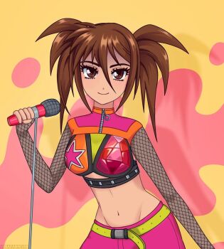 1girl belt brown_eyes brown_hair caramella_girls commentary cowboy_shot crop_top fishnet_sleeves fishnets groin highres holding holding_microphone light_smile microphone midriff navel pink_skirt short_twintails skirt solo twintails upper_body vera_(caramella_girls) verafan4ever yellow_background yellow_belt zipper