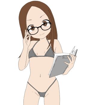 1girl adjusting_eyewear bare_shoulders bespectacled bikini black-framed_eyewear book breasts brown_eyes brown_hair closed_mouth cowboy_shot flat_chest forehead glasses grey_bikini groin head_tilt highleg highleg_bikini holding holding_book holding_notebook jaggy_lines karakai_jouzu_no_takagi-san loli long_hair looking_at_viewer micro_bikini navel notebook simple_background small_breasts smile solo standing string_bikini swimsuit takagi-san warupurugisu white_background