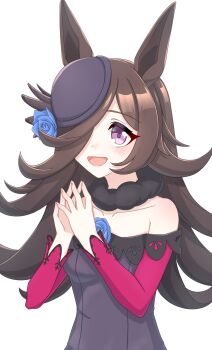 animal_ears blue_flower blue_hat blue_rose dagger dress fascinator flipped_hair flower hair_over_one_eye hat hat_flower highres horse_ears horse_girl horse_tail horseshoe_ornament knife off-shoulder_dress off_shoulder ollk_imananji3g rice_shower_(rosy_dreams)_(umamusume) rice_shower_(umamusume) rose tail tilted_headwear umamusume weapon