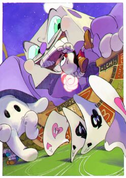 3boys absurdres ace_(playing_card) ace_of_clubs ace_of_hearts ace_of_spades card club_(shape) cup cuphead cuphead_(game) deck_of_cards dice doi_m2000 drinking_straw fighting from_below gambling gloves hat heart highres jumping king_dice looking_down lying mini_person mugman multiple_boys playing_card poker poker_table red_nose shorts size_difference spade_(shape) table teeth vase white_gloves