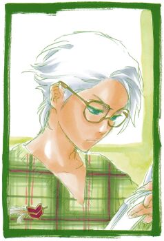 1boy bleach collarbone glasses green_eyes green_shirt hitsugaya_toushirou kubo_tite male_focus official_art postcard reading second-party_source shirt short_hair simple_background upper_body white_hair