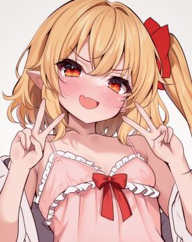 1girl alternate_costume blonde_hair blush double-parted_bangs double_v dress fang flandre_scarlet hair_between_eyes hair_ribbon highres one_side_up open_mouth pink_dress pointy_ears red_eyes red_ribbon ribbon shirotsuki_shirone short_hair skin_fang touhou upper_body v white_background