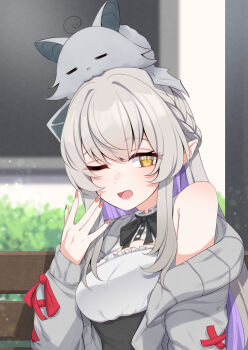 1girl animal animal_on_head bench black_bow black_bowtie black_corset blurry blurry_background bow bowtie braid breasts bush cleavage_cutout clothing_cutout colored_inner_hair commission corset fingernails freckles grey_hair grey_jacket highres indie_virtual_youtuber jacket long_hair luna_cross_(vtuber) medium_breasts multicolored_hair on_head one_eye_closed open_mouth pointy_ears sharp_fingernails single_bare_shoulder slit solo valefal_coneri vgen_commission virtual_youtuber yawning yellow_eyes