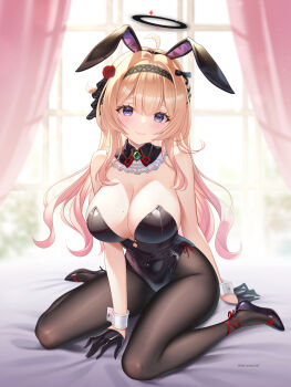 Rule 34 | 1girl, ahoge, akiyomi, animal ear hairband, animal ears, bare shoulders, bed sheet, black gloves, black hairband, black halo, black leotard, black pantyhose, black shoes, blonde hair, blue eyes, blush, breasts, cleavage, closed mouth, commentary request, commission, day, fake animal ears, flower, gem, gloves, gradient hair, green gem, hair between eyes, hair flower, hair ornament, hairband, halo, high heels, highres, indie virtual youtuber, indoors, kokuhou maria, large breasts, leotard, long hair, looking at viewer, multicolored hair, pantyhose, pink hair, rabbit ears, red flower, shoes, sitting, skeb commission, smile, solo, strapless, strapless leotard, twitter username, very long hair, virtual youtuber, white wrist cuffs, wrist cuffs