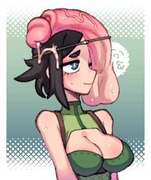 1boy 1girl bare_arms bare_shoulders black_hair blue_eyes bound_penis breasts circlet cleavage_cutout closed_mouth clothing_cutout cragscleft cum cum_on_hair disembodied_penis fire_emblem fire_emblem_awakening headband huge_penis large_breasts nintendo noire_(fire_emblem) one_eye_closed penis penis_on_face sleeveless smile solo_focus sweat testicles testicles_on_face