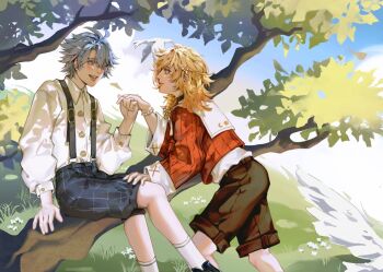 2boys ankle_socks antenna_hair bird black_shorts blonde_hair blue_eyes blue_shorts braid collared_shirt dove eye_contact gradient_hair hair_between_eyes highres honkai:_star_rail honkai_(series) looking_at_another male_focus medium_hair multicolored_hair multiple_boys mydei_(honkai:_star_rail) on_tree parted_bangs phainon_(honkai:_star_rail) red_hair red_sweater shiro_kuma498 shirt short_hair shorts side_braid socks sweater white_hair white_shirt white_socks yaoi yellow_eyes