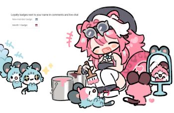 1girl animal_ears beret chattino_(raora_panthera) fang goggles goggles_on_head hat highres hololive hololive_english meopun_(meopen429) mirror paint_can paintbrush painting_(action) panther_ears panther_tail pink_hair queue raora_panthera raora_panthera_(1st_costume) sparkling_eyes tail thighhighs virtual_youtuber white_thighhighs