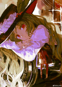 1girl :/ arm_pillow artist_name black_hat blonde_hair chinese_commentary closed_mouth commentary_request crossed_arms expressionless frilled_hat frills hat hat_feather head_rest highres jacket_girl_(dipp) juliet_sleeves long_hair long_sleeves looking_to_the_side puffy_sleeves red_eyes red_ribbon ribbon solo touhou upper_body watermark wavy_hair weibo_watermark youshouhaoxianzhe