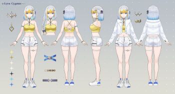 1girl blonde_hair blue_hair bracelet braid breasts camisole character_name commentary_request criss-cross_straps crown_braid grey_hair hair_ornament hair_over_shoulder jewelry lyra_cygnus medium_breasts midriff multicolored_hair navel official_art proxima_sector reference_sheet shoes short_shorts shorts single_braid sneakers thigh_strap white_shoes white_shorts yellow_camisole zhen_lu