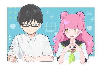 1boy 1girl black_hair black_sailor_collar blue_background blush commentary_request double_bun earrings glasses hair_bun heart heart_earrings highres jewelry looking_at_another nervous onigiri_noe panda pen pink_hair sailor_collar seihantai_na_kimi_to_boku semi-rimless_eyewear shirt shy simple_background suzuki_miyu_(seihantai_na_kimi_to_boku) tani_yuusuke_(seihantai_na_kimi_to_boku) white_shirt