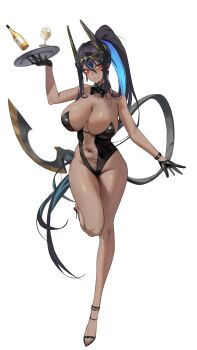 1girl absurdres alcohol alternate_costume black_gloves black_hair black_leotard black_nails blue_hair breasts champagne colored_inner_hair commentary_request cup dark-skinned_female dark_skin full_body glass gloves goddess_of_victory:_nikke hair_between_eyes high_heels highres holding holding_tray indivilia_(nikke) korean_commentary large_breasts leotard long_hair looking_at_viewer mechanical_tail multicolored_hair nankam76 pink_eyes ponytail red_hair simple_background solo standing standing_on_one_leg tail tray very_long_hair white_background