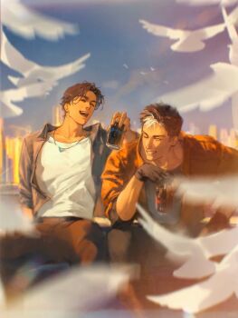 2boys batman_(series) black_gloves black_hair brothers brown_jacket can dc_comics dick_grayson drink_can gloves highres jacket jason_todd male_focus multicolored_hair multiple_boys muscular muscular_male open_clothes pants red_hood_and_the_outlaws short_hair siblings sitting smile taku_1881292884