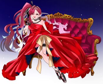1girl armrest baobhan_sith_(exhibition_attire)_(fate) baobhan_sith_(fate) baobhan_sith_(fgo_fes._2024)_(fate) baobhan_sith_(swimsuit_pretender)_(third_ascension)_(fate) black_bow black_scrunchie bow braid braided_bangs couch crown diamond_choker dress earrings fate_(series) gold_ribbon grey_eyes hair_bow hair_over_one_eye head_rest jewelry official_alternate_costume pink_hair platform_footwear platform_heels pointy_ears red_dress ringo2156 scrunchie side_ponytail single-shoulder_dress single_sidelock sitting smile solo wavy_hair wrist_scrunchie