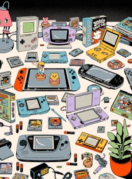 absurdly_detailed_composition absurdres alt_text battery commentary english_commentary figure game_&amp;_watch game_boy game_boy_(original) game_boy_advance game_boy_advance_sp game_boy_micro game_cartridge handheld_game_console highres neo_geo_pocket_color nintendo nintendo_ds nintendo_switch no_humans original plant playstation_portable screw sega_game_gear stephen_maurice_graham stylus
