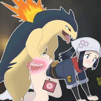1boy 1girl absurdres akari_(pokemon) animal_penis bar_censor bestiality blush bottomless buruberidesu censored clenched_teeth cum cum_in_pussy cum_overflow doggystyle ejaculation fire full_body furry gen_2_pokemon grey_background grey_eyes hand_on_another&#039;s_ass hat highres impregnation internal_cumshot japanese_clothes nintendo obi obijime open_mouth ovum penis pokemon pokemon_(creature) pokemon_legends:_arceus pokephilia ponytail red_scarf sash scarf sex sex_from_behind sidelocks socks sperm_cell teeth tongue tongue_out typhlosion white_hat white_socks wide-eyed x-ray