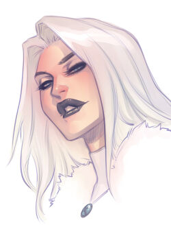 1girl black_lips blonde_hair blue_eyes commentary emma_frost english_commentary fur_trim half-closed_eyes highres jewelry long_hair looking_at_viewer looking_down marvel meghan_hetrick necklace parted_hair parted_lips portrait sketch solo turtleneck western_comics_(style) white_background x-men