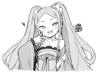 1girl bare_shoulders blush chinese_clothes commentary_request fate/grand_order fate_(series) greyscale jingai_modoki long_hair looking_at_viewer monochrome open_mouth smile solo twintails upper_body wu_zetian_(fate)