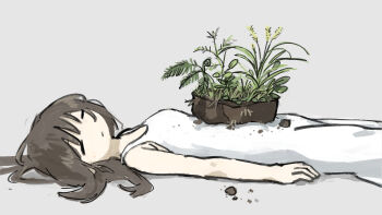 1girl bare_arms brown_hair closed_eyes closed_mouth dirt dress grey_background highres lying on_back on_ground original plant simple_background sleeveless sleeveless_dress solo tsukumizu_yuu white_dress