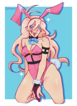 animal_ears blonde_hair blue_background blue_bow blue_bowtie blue_eyes bow bowtie danganronpa_(series) danganronpa_v3:_killing_harmony harness highres iruma_miu playboy_bunny rabbit_ears rabbit_tail self-upload tail