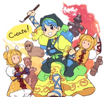 3girls apron arm_ribbon armor armored_dress blonde_hair blue_footwear blue_hair closed_mouth double_bun dress english_text flower full_body green_apron green_headscarf green_headwear green_hood hair_bun hair_ribbon haniwa_(statue) haniyasushin_keiki headscarf jewelry joutouguu_mayumi kaigen_1025 light_blue_hair long_hair looking_at_viewer magatama magatama_necklace multiple_girls necklace one_eye_closed open_mouth red_eyes ribbon short_sleeves simple_background single_strap smile solo standing tools touhou twitter_username upper_body vambraces white_background white_ribbon yellow_dress yellow_eyes yellow_sleeves