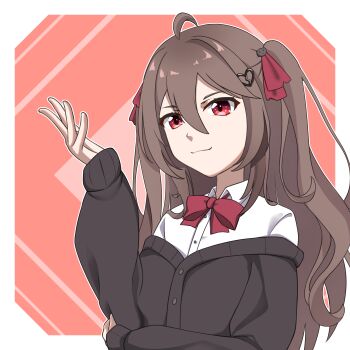 :3 absurdres ahoge arm_across_waist border bow broken_heart broken_heart_hair_ornament brown_hair brown_sweater buttons cat_hair_ornament closed_mouth collared_shirt commentary dot_nose english_commentary evil_neuro-sama flat_chest hair_ornament hair_over_shoulder hair_ribbon hand_up heart highres indie_virtual_youtuber long_hair long_sleeves looking_at_viewer medium_eyebrows neuro-sama off_shoulder outside_border pink_background red_bow red_eyes red_ribbon ribbed_trim ribbon shirt sidelocks simple_background sleeves_past_wrists sweater two_side_up upper_body virtual_youtuber white_border white_shirt wlldsake